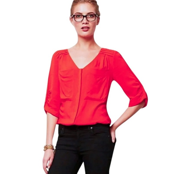 Anthropologie Drapey Pleated Henley Top P10 Petite Large Red Front Pocket Blouse - Picture 3 of 16
